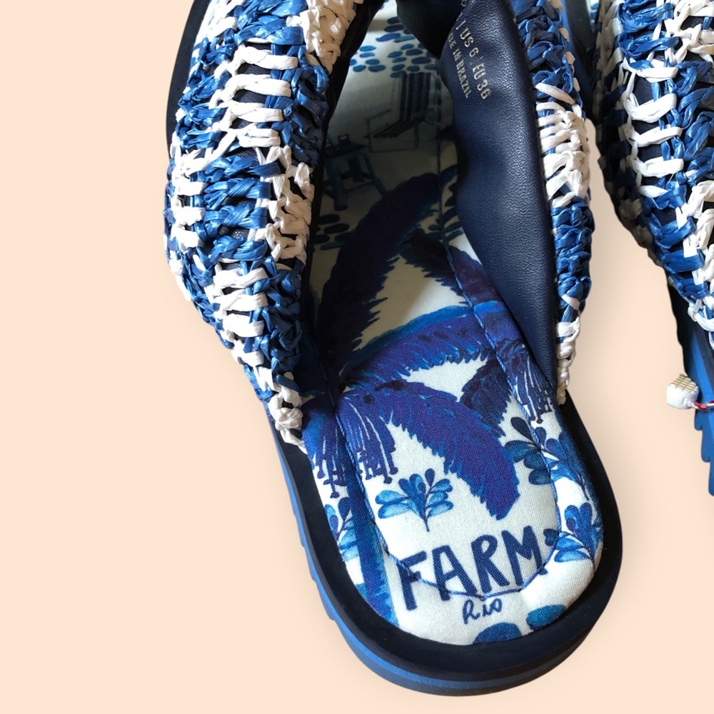 Farm Rio NEW Sweet Rio Raffia Puffy Flip Flop Blue White Vegan Summer Women US 6 - Picture 5 of 16